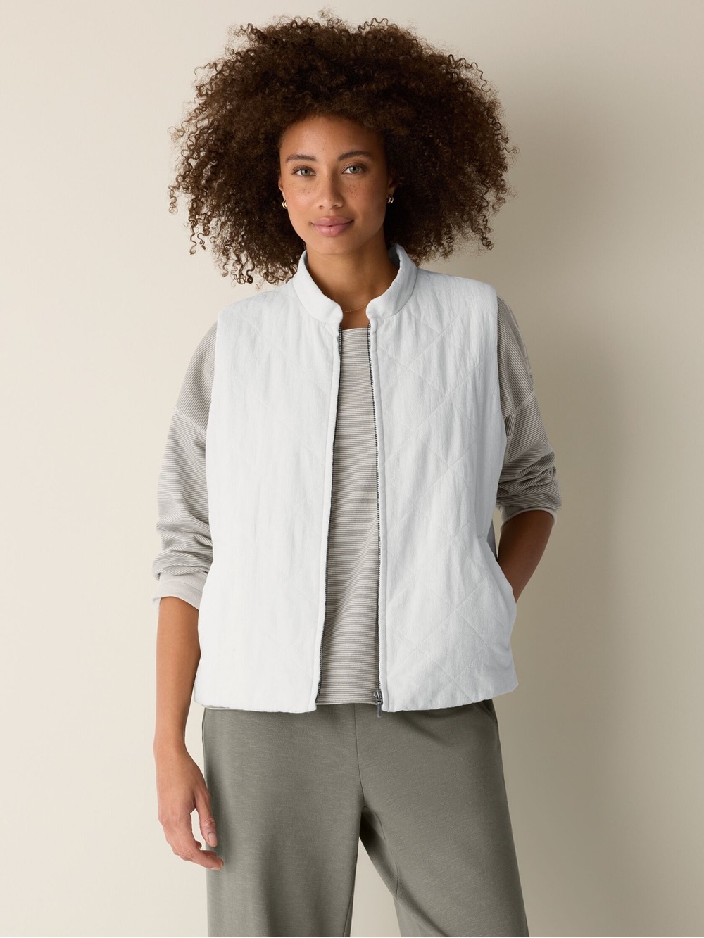 Eileen Fisher Organic Linen Cotton Crepe Quilted Vest M Quiet Luxury Minimalist